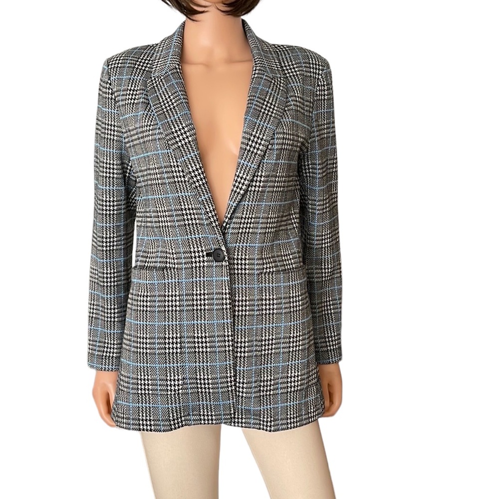 NWOT Vince Camuto Plaid Blazer Grey Blue Check Single Button Careerwear Jacket